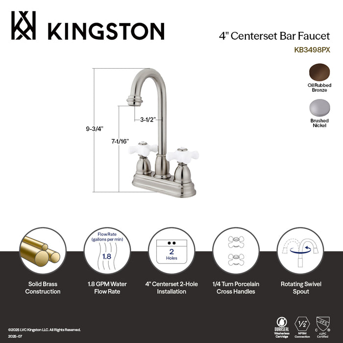 Kingston Heirloom KB3498PX - Restoration Two-Handle 2-Hole Deck Mount Bar Faucet, Brushed Nickel