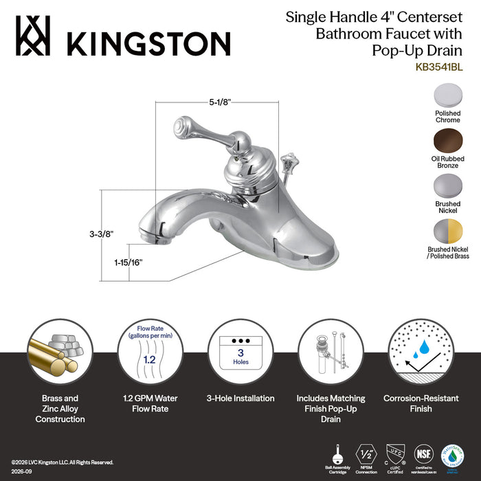 Kingston Tulare KB3541BL - Vintage Single-Handle 3-Hole Deck Mount 4-Inch Centerset Bathroom Faucet with Pop-Up Drain, Polished Chrome
