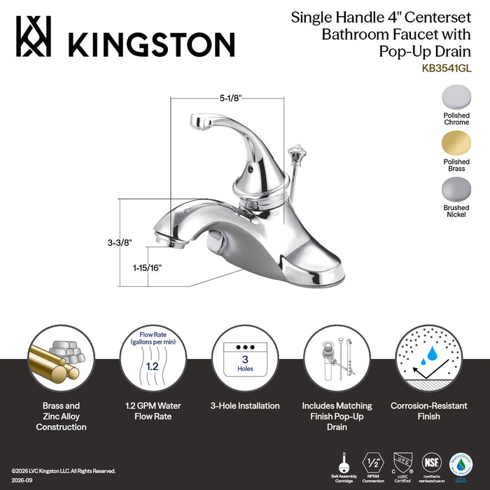 Kingston Tulare KB3542GL - Georgian Single-Handle 3-Hole Deck Mount 4-Inch Centerset Bathroom Faucet with Pop-Up Drain, Polished Brass
