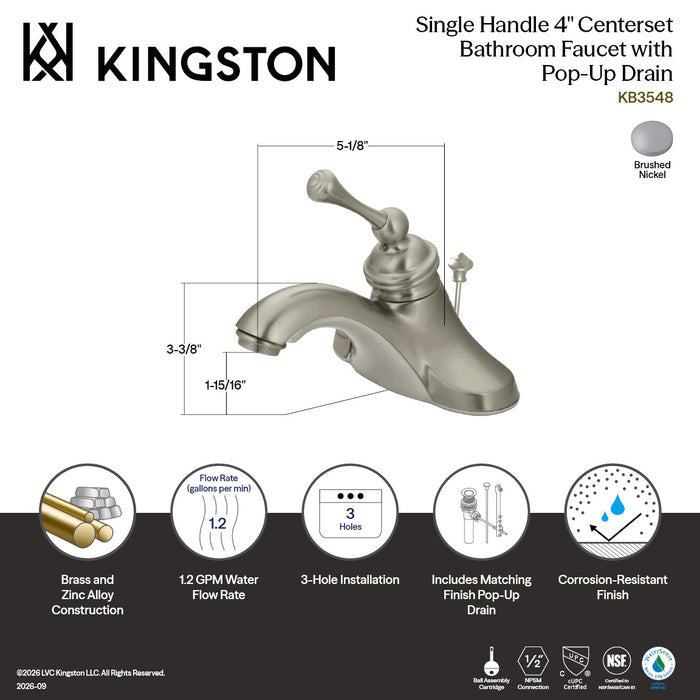 Kingston Tulare KB3548 - Victorian Single-Handle 3-Hole Deck Mount 4-Inch Centerset Bathroom Faucet with Pop-Up Drain, Brushed Nickel
