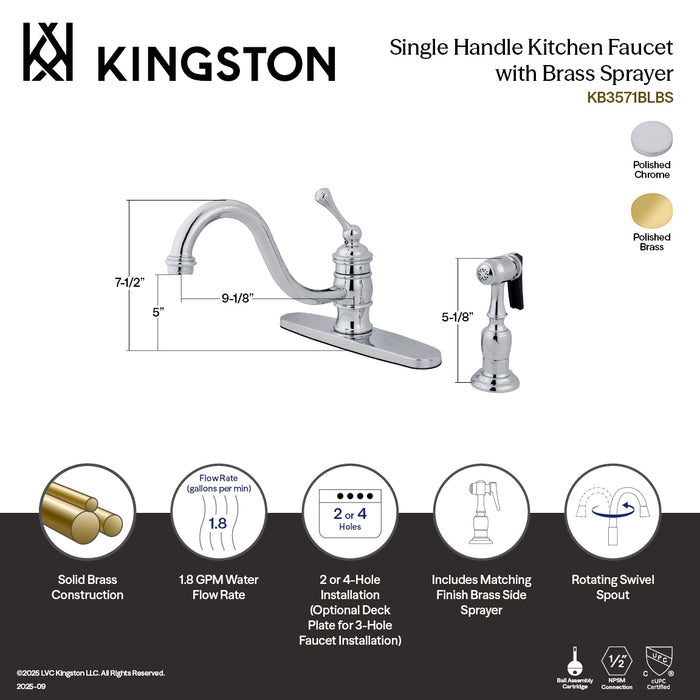 Vintage KB3572BLBS Single-Handle 2-or-4 Hole Kitchen Faucet with Brass Sprayer, Polished Brass