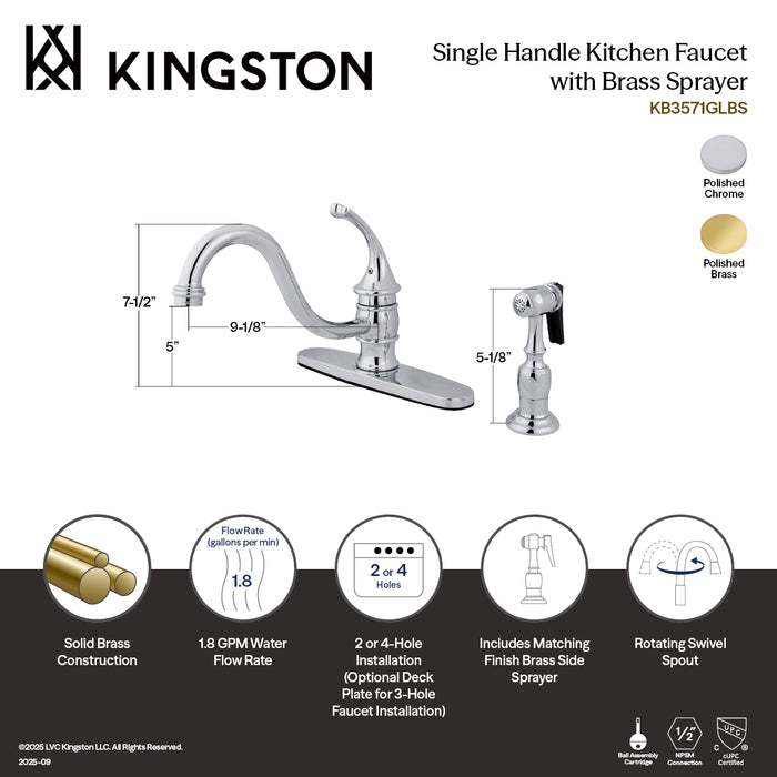 Georgian KB3572GLBS Single-Handle 2-or-4 Hole Kitchen Faucet with Brass Sprayer, Polished Brass