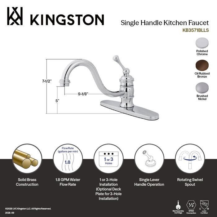 Kingston Heirloom KB3575BLLS - Restoration Single-Handle 1-or-3 Hole Kitchen Faucet, Oil Rubbed Bronze