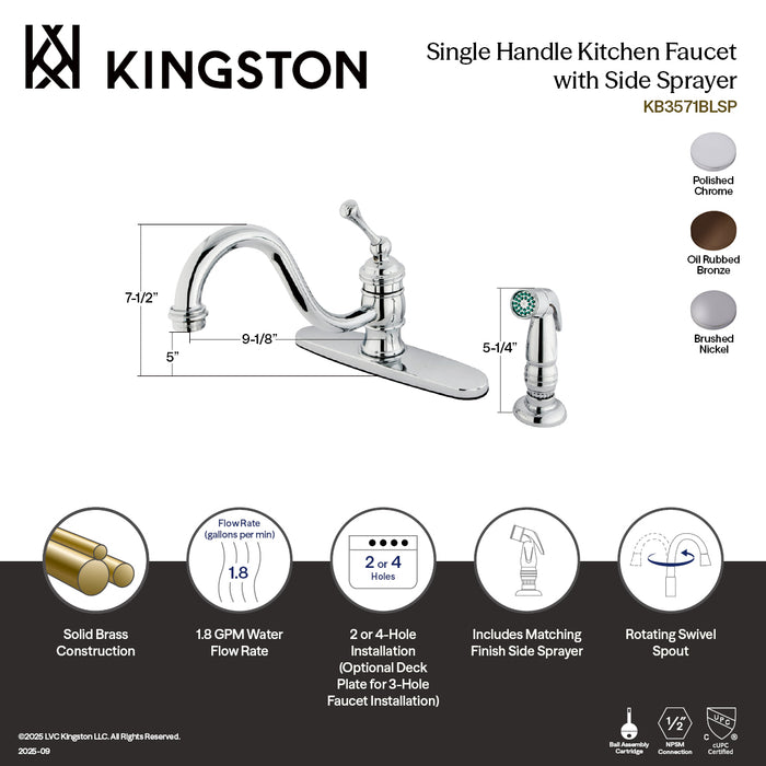 KB3578BLSP Single-Handle 2-or-4 Hole Kitchen Faucet with Side Sprayer, Brushed Nickel