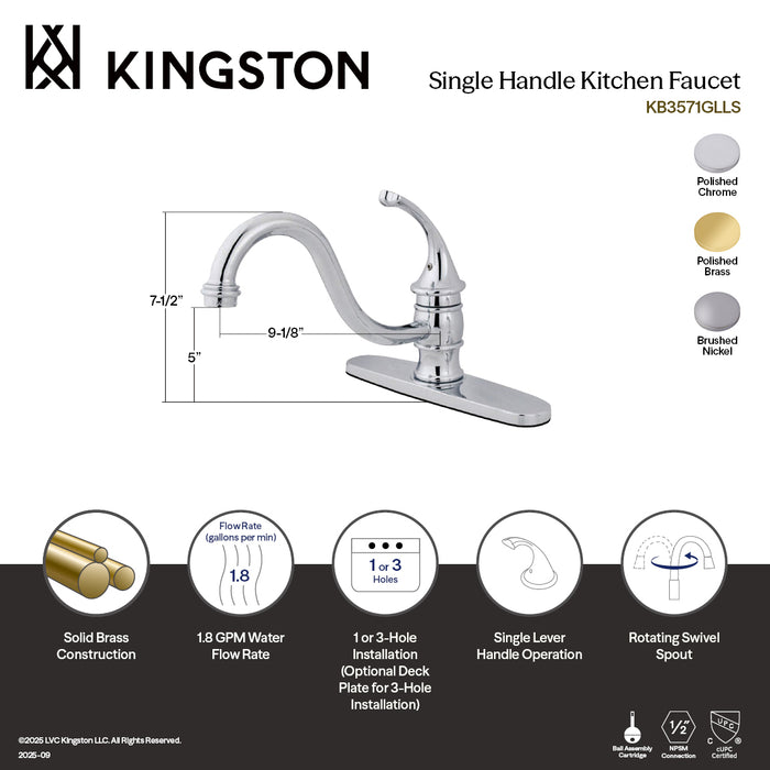Kingston Tulare KB3578GLLS - Georgian Single-Handle 1-or-3 Hole Kitchen Faucet, Brushed Nickel