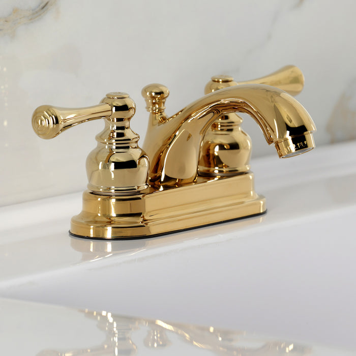 Kingston Tulare KB3602BL - Vintage Double-Handle 3-Hole Deck Mount 4-Inch Centerset Bathroom Faucet with Pop-Up Drain, Polished Brass