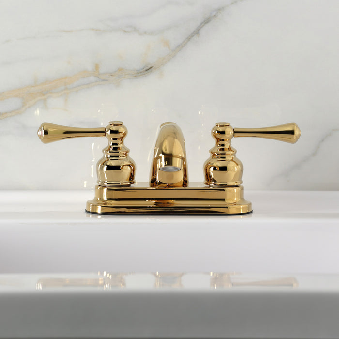 Kingston Tulare KB3602BL - Vintage Double-Handle 3-Hole Deck Mount 4-Inch Centerset Bathroom Faucet with Pop-Up Drain, Polished Brass