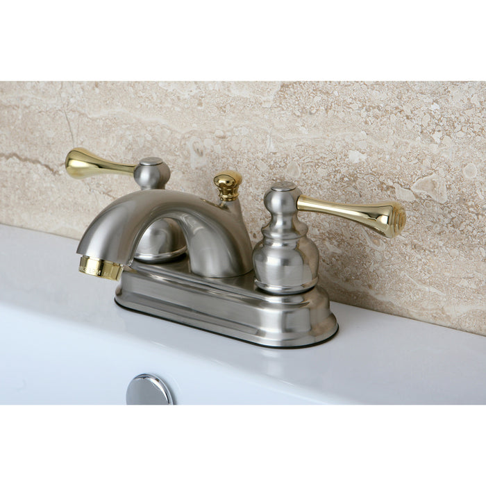 Kingston Tulare KB3609BL - Vintage Double-Handle 3-Hole Deck Mount 4-Inch Centerset Bathroom Faucet with Pop-Up Drain, Brushed Nickel/Polished Brass