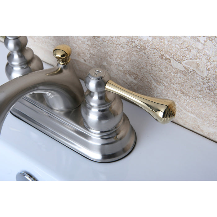 Kingston Tulare KB3609BL - Vintage Double-Handle 3-Hole Deck Mount 4-Inch Centerset Bathroom Faucet with Pop-Up Drain, Brushed Nickel/Polished Brass