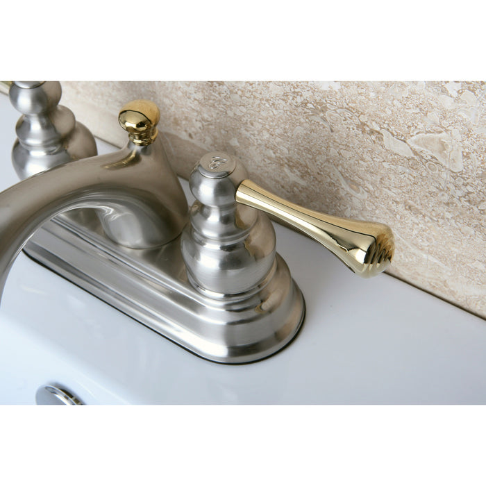 Kingston Tulare KB3609BL - Vintage Double-Handle 3-Hole Deck Mount 4-Inch Centerset Bathroom Faucet with Pop-Up Drain, Brushed Nickel/Polished Brass