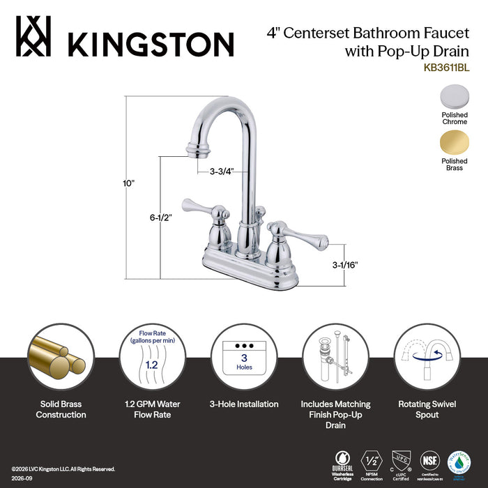 Kingston Tulare KB3611BL - Vintage Double-Handle 3-Hole Deck Mount 4-Inch Centerset Bathroom Faucet with Pop-Up Drain, Polished Chrome
