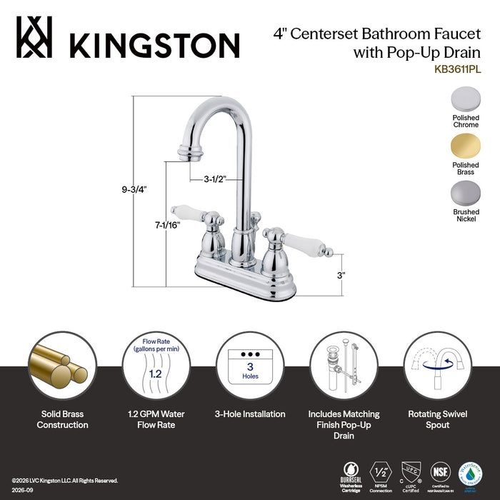 Kingston Tulare KB3611PL - Restoration Double-Handle 3-Hole Deck Mount 4-Inch Centerset Bathroom Faucet with Pop-Up Drain, Polished Chrome