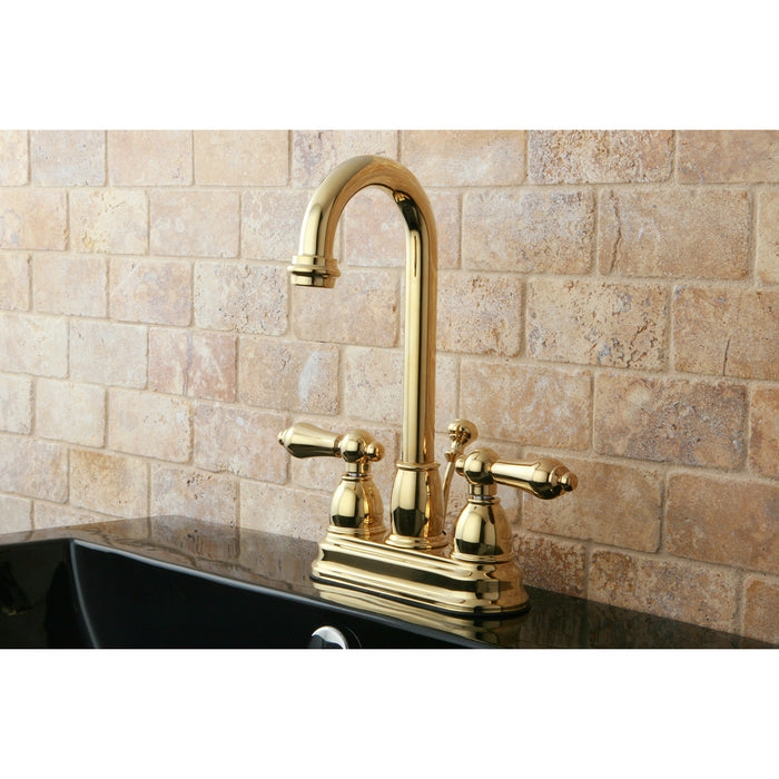 Kingston Heirloom KB3612AL - Restoration Double-Handle 3-Hole Deck Mount 4-Inch Centerset Bathroom Faucet with Pop-Up Drain, Polished Brass