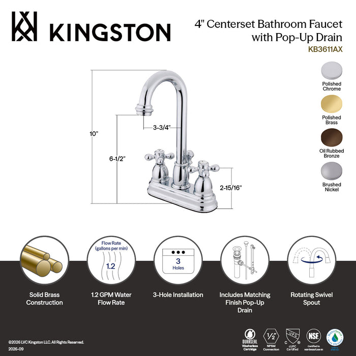 Kingston Heirloom KB3612AX - Restoration Double-Handle 3-Hole Deck Mount 4-Inch Centerset Bathroom Faucet with Pop-Up Drain, Polished Brass