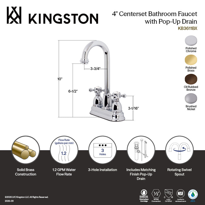 Kingston Heirloom KB3612BX - Vintage Double-Handle 3-Hole Deck Mount 4-Inch Centerset Bathroom Faucet with Pop-Up Drain, Polished Brass