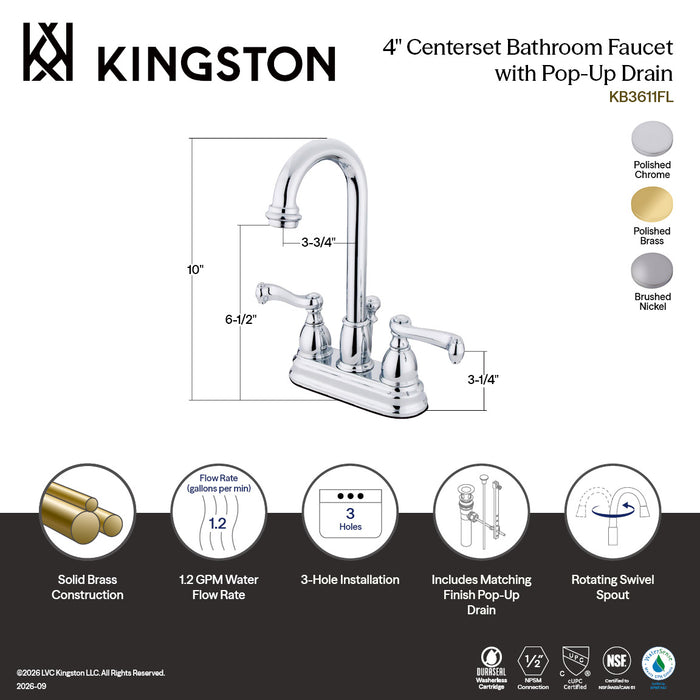 Kingston Tulare KB3612FL - Royale Double-Handle 3-Hole Deck Mount 4-Inch Centerset Bathroom Faucet with Pop-Up Drain, Polished Brass