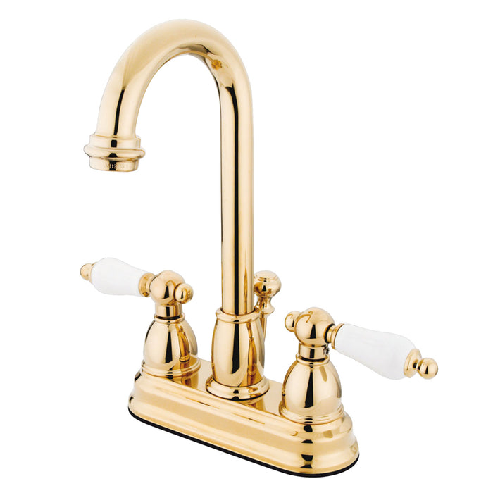 Kingston Tulare KB3612PL - Restoration Double-Handle 3-Hole Deck Mount 4-Inch Centerset Bathroom Faucet with Pop-Up Drain, Polished Brass