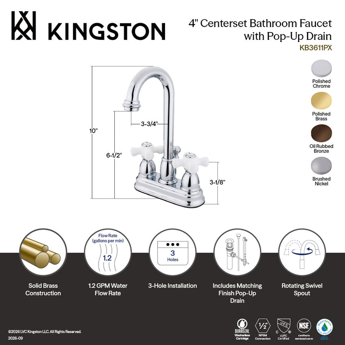 Kingston Tulare KB3612PX - Restoration Double-Handle 3-Hole Deck Mount 4-Inch Centerset Bathroom Faucet with Pop-Up Drain, Polished Brass