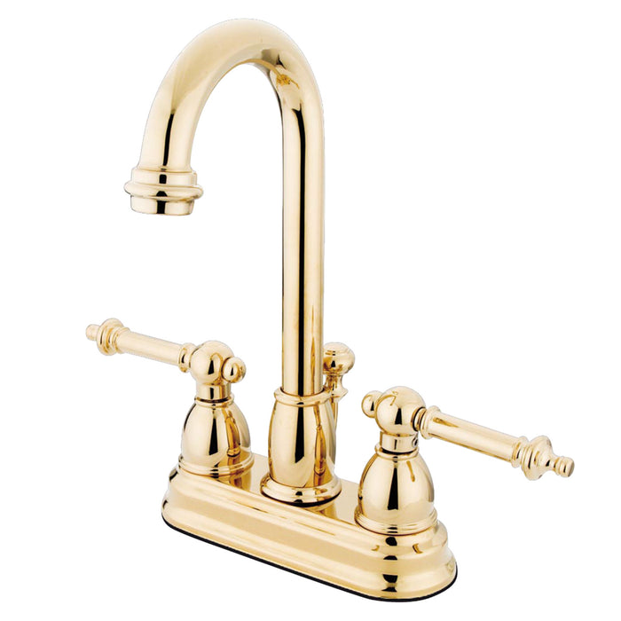 Kingston Tulare KB3612TL - Vintage Double-Handle 3-Hole Deck Mount 4-Inch Centerset Bathroom Faucet with Pop-Up Drain, Polished Brass