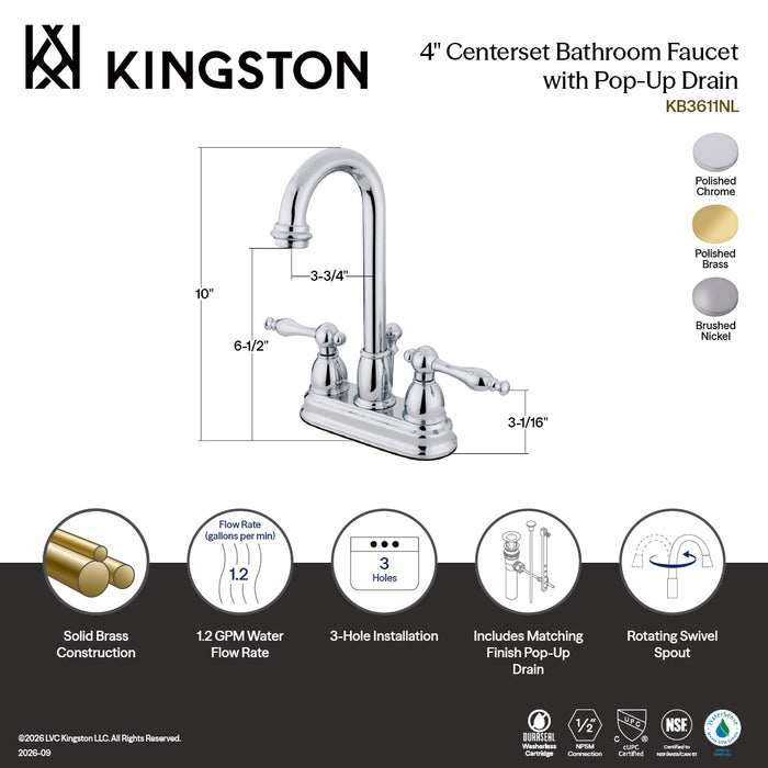 Kingston Tulare KB3618NL - Vintage Double-Handle 3-Hole Deck Mount 4-Inch Centerset Bathroom Faucet with Pop-Up Drain, Brushed Nickel