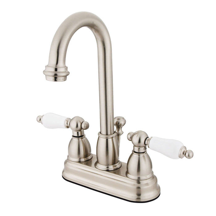 Kingston Tulare KB3618PL - Restoration Double-Handle 3-Hole Deck Mount 4-Inch Centerset Bathroom Faucet with Pop-Up Drain, Brushed Nickel