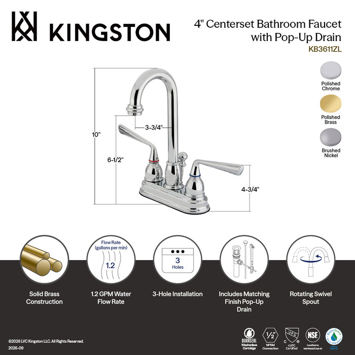 Kingston Tulare KB3618ZL - Silver Sage Double-Handle 3-Hole Deck Mount 4-Inch Centerset Bathroom Faucet with Pop-Up Drain, Brushed Nickel