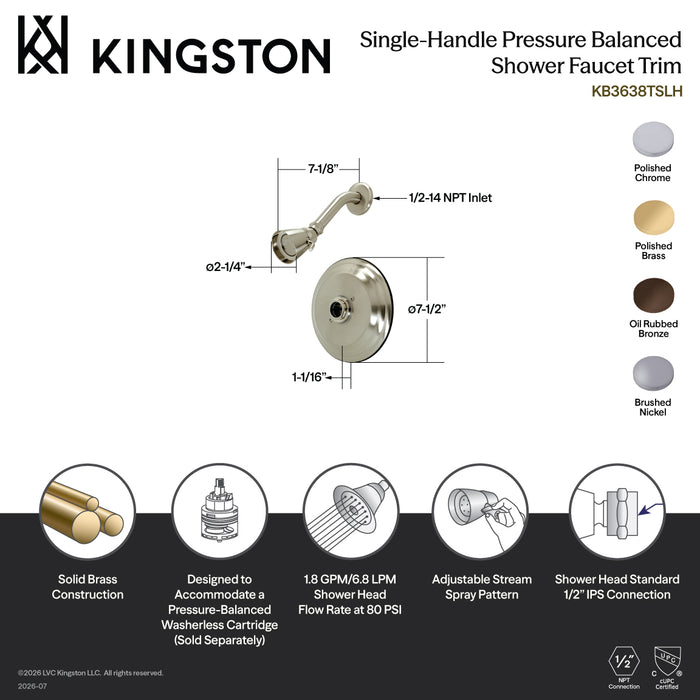 Kingston Tulare KB3631TSLH Single-Handle Pressure Balanced Shower Faucet, Trim Only without Handle, Polished Chrome