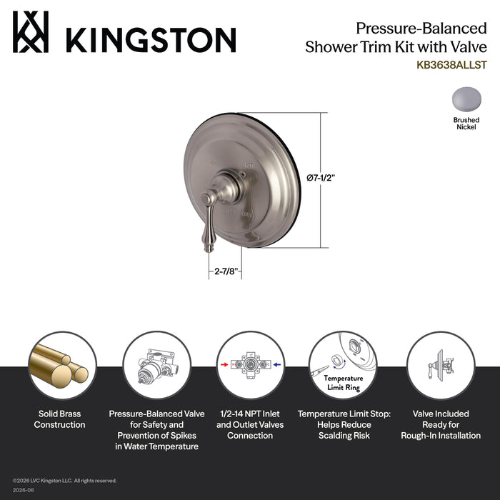 Kingston Heirloom KB3638ALLST - Restoration Single-Handle Pressure Balanced Shower Valve and Trim Set, Brushed Nickel (Valve Included)