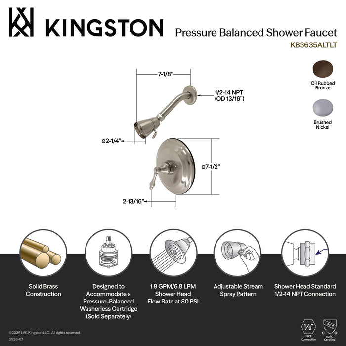 Kingston Heirloom KB3638ALTLT Single-Handle Pressure Balanced Shower Faucet, Trim Only, Brushed Nickel