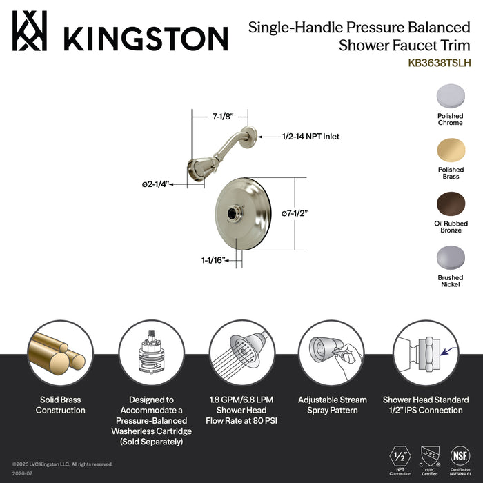 Kingston Tulare KB3638TSLH Single-Handle Pressure Balanced Shower Faucet, Trim Only without Handle, Brushed Nickel
