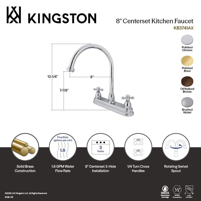 Kingston Heirloom KB3742AX - Restoration Two-Handle 3-Hole 8" Centerset Kitchen Faucet, Polished Brass