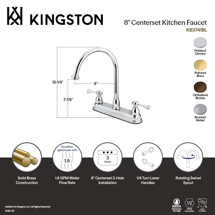 Kingston Tulare KB3748BLTwo-Handle 3-Hole 8" Centerset Kitchen Faucet, Brushed Nickel