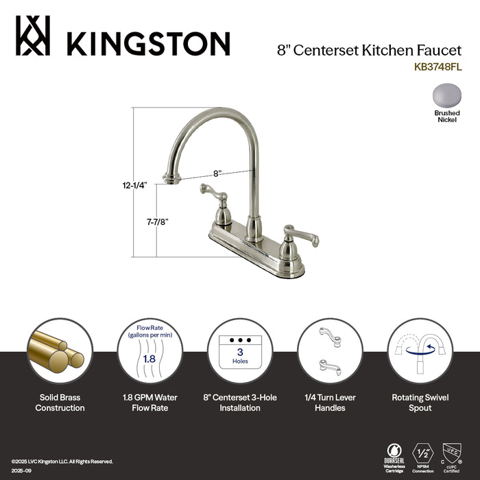 Kingston Tulare KB3748FLTwo-Handle 3-Hole 8" Centerset Kitchen Faucet, Brushed Nickel