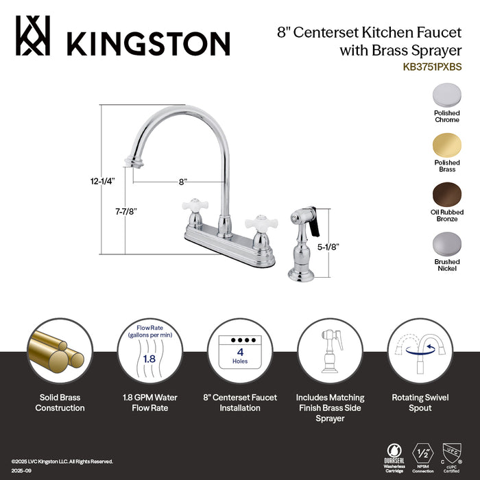 Kingston Heirloom KB3751PXBS - Restoration Two-Handle 4-Hole 8" Centerset Kitchen Faucet with Brass Sprayer, Polished Chrome