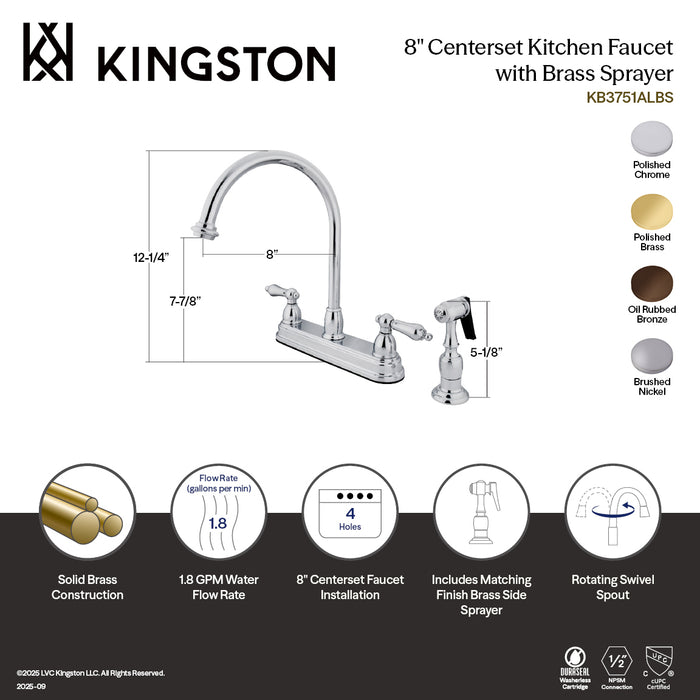 Kingston Heirloom KB3752ALBS - Restoration Two-Handle 4-Hole 8" Centerset Kitchen Faucet with Brass Sprayer, Polished Brass