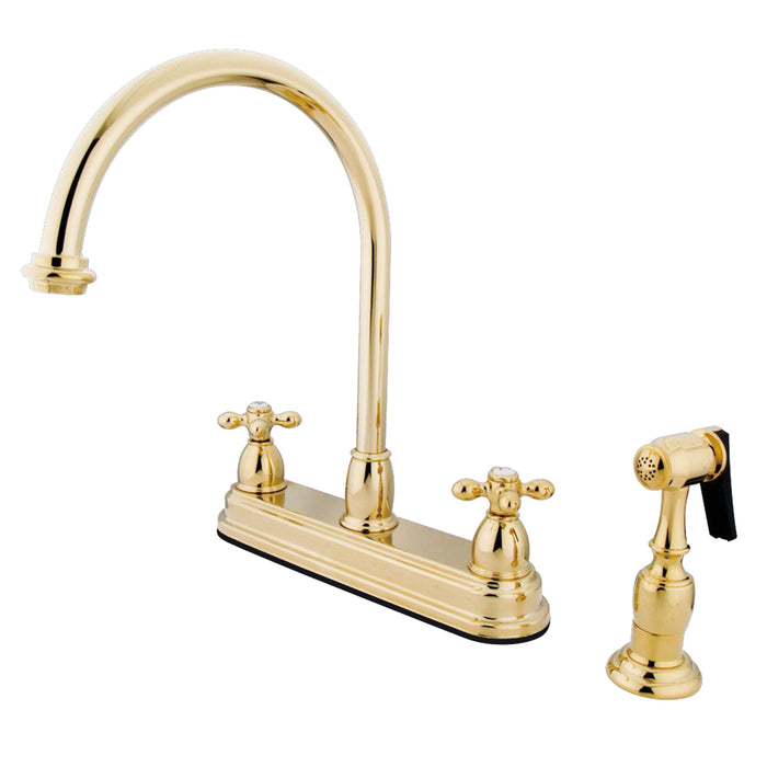 Kingston Heirloom KB3752AXBS - Restoration Two-Handle 4-Hole 8" Centerset Kitchen Faucet with Brass Sprayer, Polished Brass