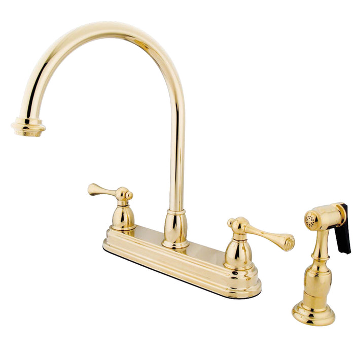 Kingston Tulare KB3752BLBS - Vintage Two-Handle 4-Hole 8" Centerset Kitchen Faucet with Brass Sprayer, Polished Brass