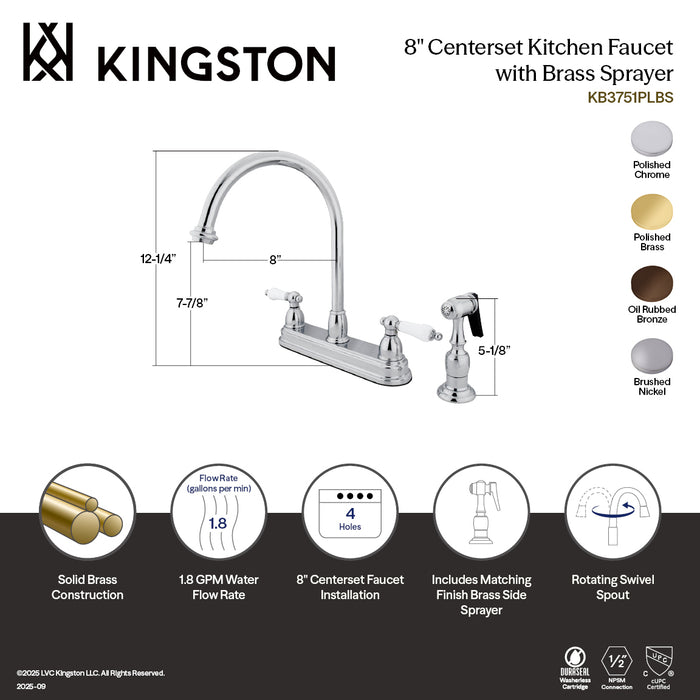 Kingston Heirloom KB3752PLBS - Restoration Two-Handle 4-Hole 8" Centerset Kitchen Faucet with Brass Sprayer, Polished Brass
