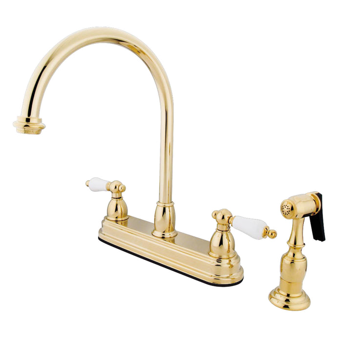 Kingston Heirloom KB3752PLBS - Restoration Two-Handle 4-Hole 8" Centerset Kitchen Faucet with Brass Sprayer, Polished Brass