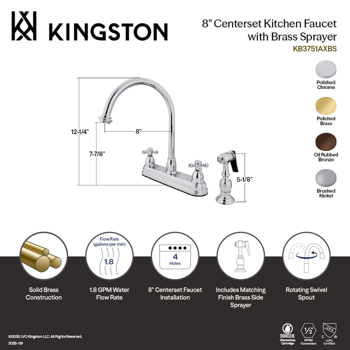 Kingston Heirloom KB3755AXBS - Restoration Two-Handle 4-Hole 8" Centerset Kitchen Faucet with Brass Sprayer, Oil Rubbed Bronze