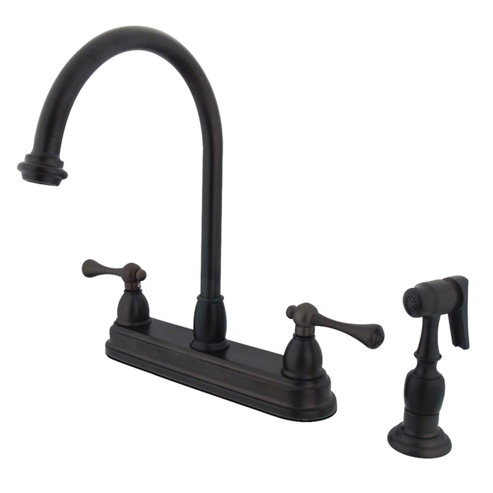 Kingston Tulare KB3755BLBS - Vintage Two-Handle 4-Hole 8" Centerset Kitchen Faucet with Brass Sprayer, Oil Rubbed Bronze