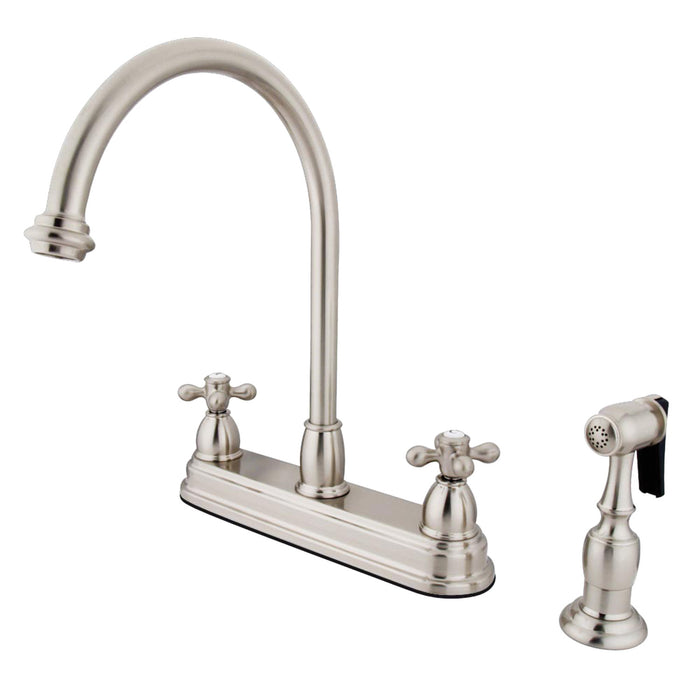Kingston Heirloom KB3758AXBS - Restoration Two-Handle 4-Hole 8" Centerset Kitchen Faucet with Brass Sprayer, Brushed Nickel