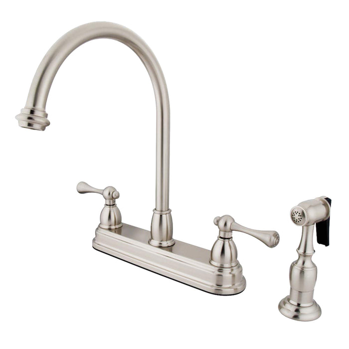 Kingston Tulare KB3758BLBS - Vintage Two-Handle 4-Hole 8" Centerset Kitchen Faucet with Brass Sprayer, Brushed Nickel