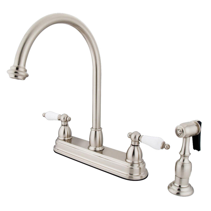 Kingston Heirloom KB3758PLBS - Restoration Two-Handle 4-Hole 8" Centerset Kitchen Faucet with Brass Sprayer, Brushed Nickel