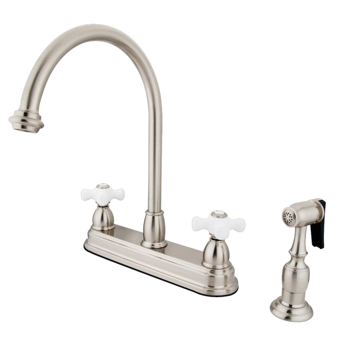 Kingston Heirloom KB3758PXBS - Restoration Two-Handle 4-Hole 8" Centerset Kitchen Faucet with Brass Sprayer, Brushed Nickel