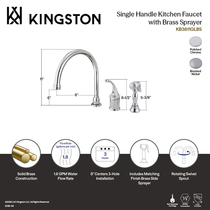 Kingston Tulare KB3811GLBS - Georgian Single-Handle 3-Hole Widespread Kitchen Faucet with Brass Sprayer, Polished Chrome