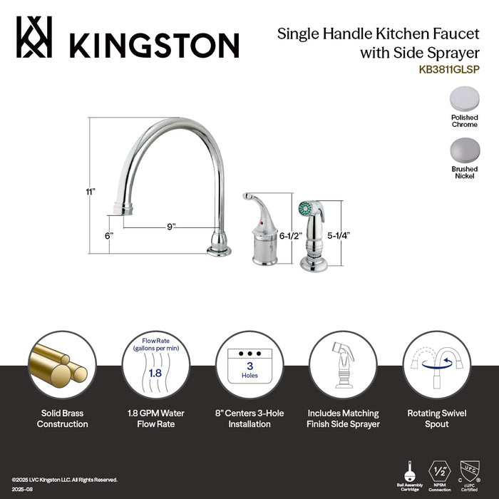 Kingston Georgian KB3811GLSP Single-Handle 3-Hole Widespread Kitchen Faucet with Plastic Sprayer, Polished Chrome