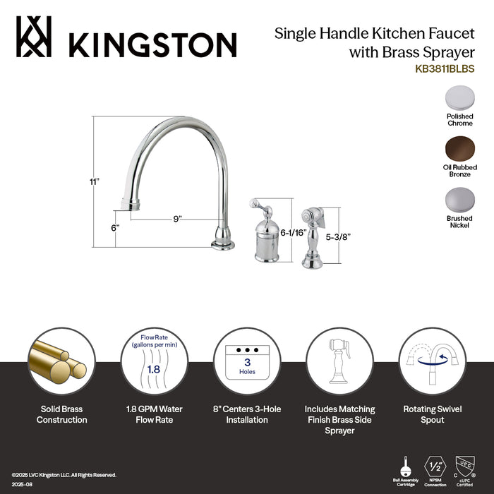 Kingston Tulare KB3815BLBS - Georgian Single-Handle 3-Hole Widespread Kitchen Faucet with Brass Sprayer, Oil Rubbed Bronze