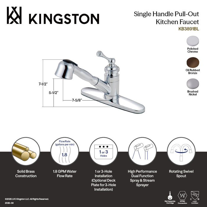 Kingston Heirloom KB3898BL - Vintage Single-Handle 1-or-3 Hole Deck Mount Pull-Out Sprayer Kitchen Faucet, Brushed Nickel