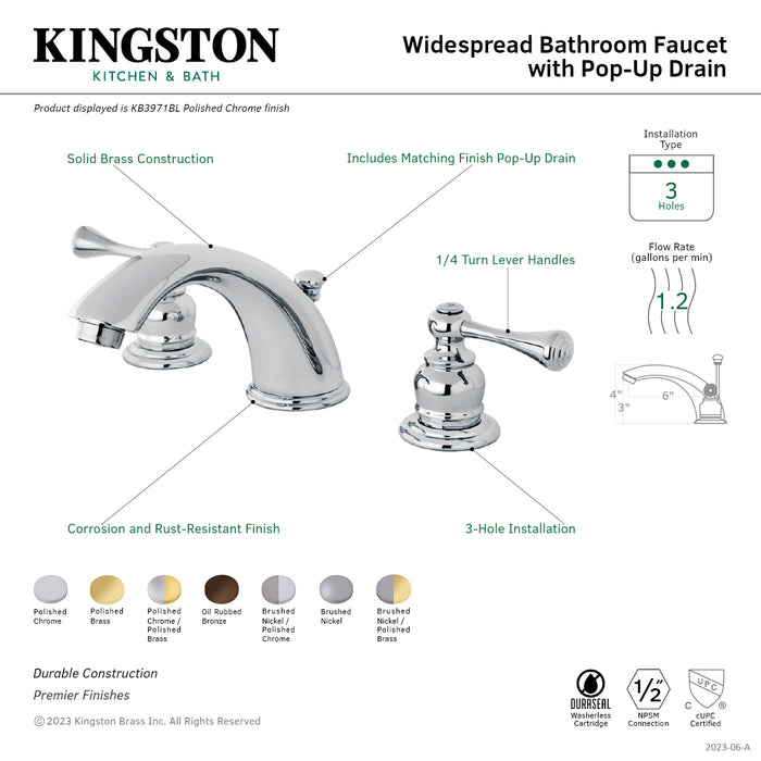 Kingston Tulare KB3971BL - Vintage Two-Handle 3-Hole Deck Mount Widespread Bathroom Faucet with Pop-Up Drain, Polished Chrome